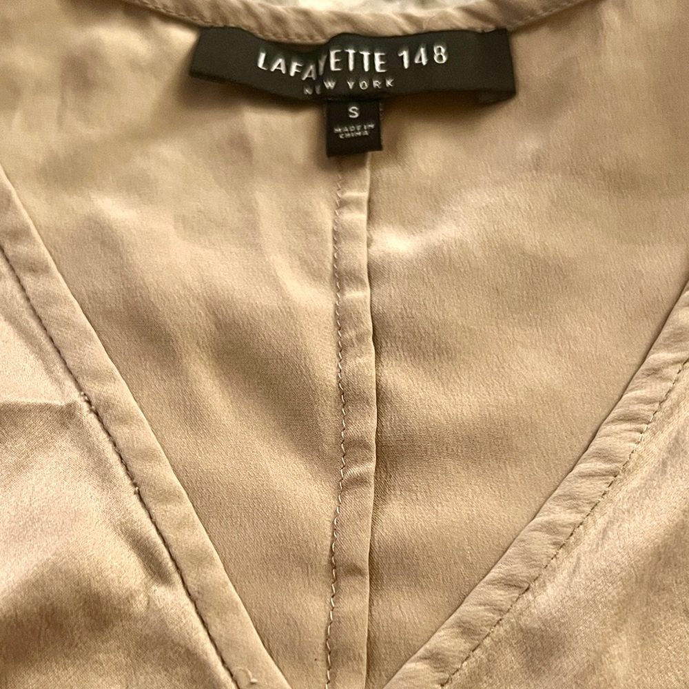 Lafayette 148 New York Sand Silk V-Neck with Rhinestone Accent! Sz S! So Chic!